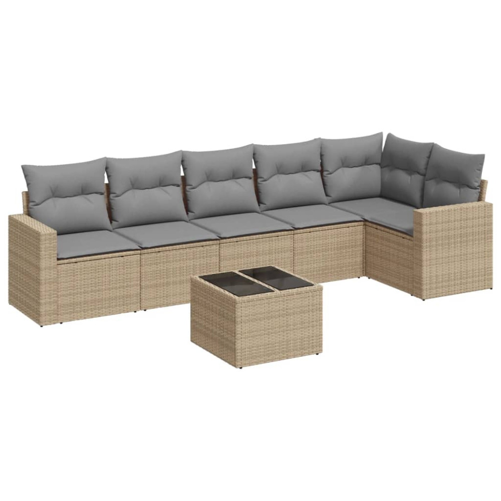 Produktbild för Matgrupp för trädgården med dynor 7 delar beige konstrotting