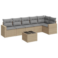 Produktbild för Matgrupp för trädgården med dynor 7 delar beige konstrotting