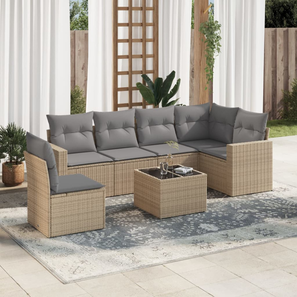 Produktbild för Matgrupp för trädgården med dynor 7 delar beige konstrotting