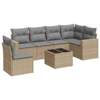 Produktbild för Matgrupp för trädgården med dynor 7 delar beige konstrotting