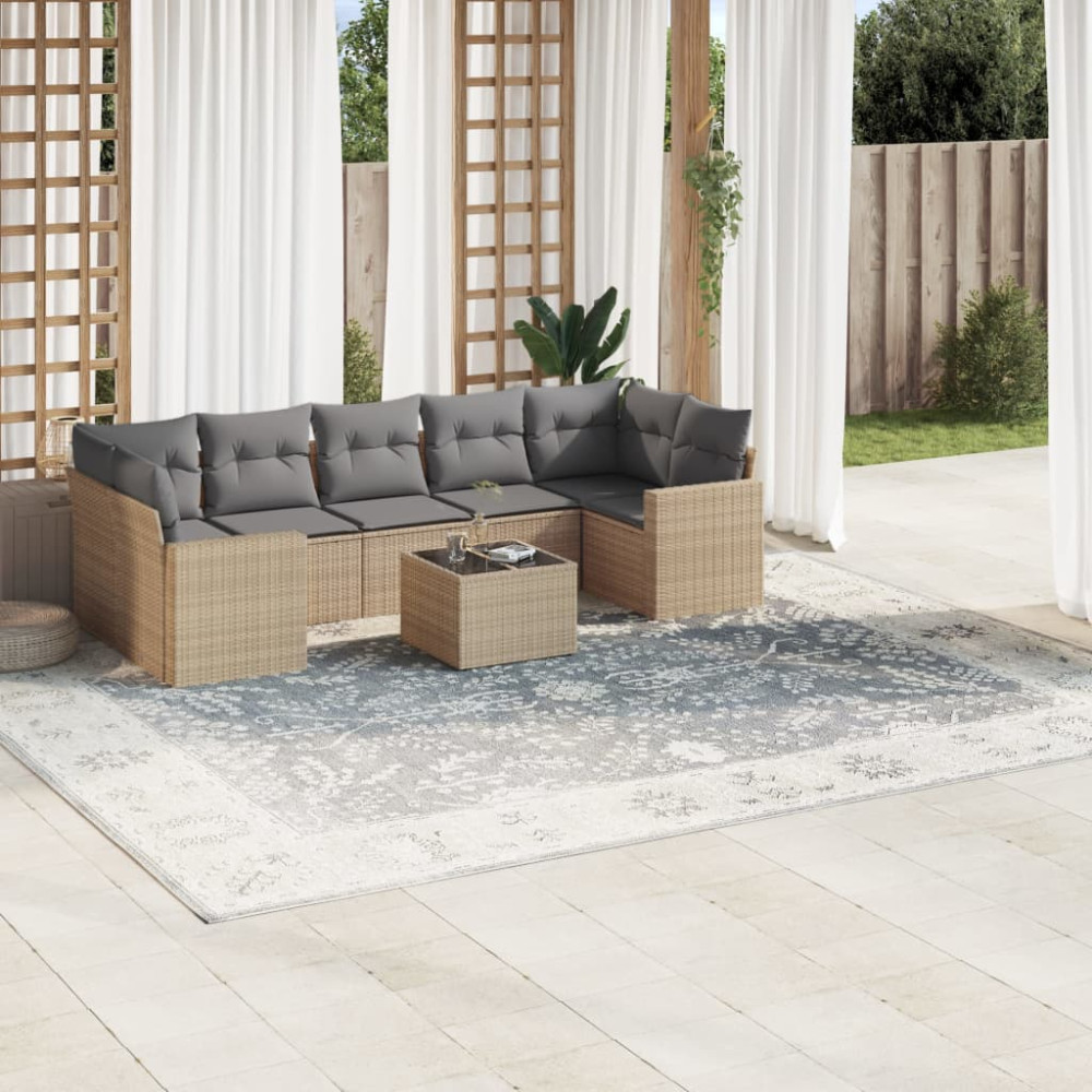 Produktbild för Matgrupp för trädgården med dynor 8 delar beige konstrotting
