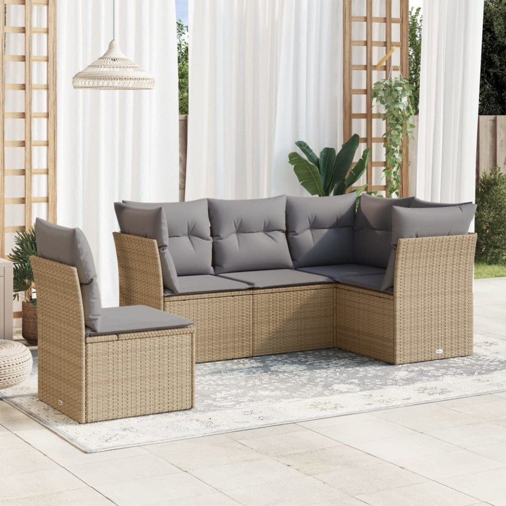 Produktbild för Soffgrupp för trädgården med dynor 5 delar beige konstrotting