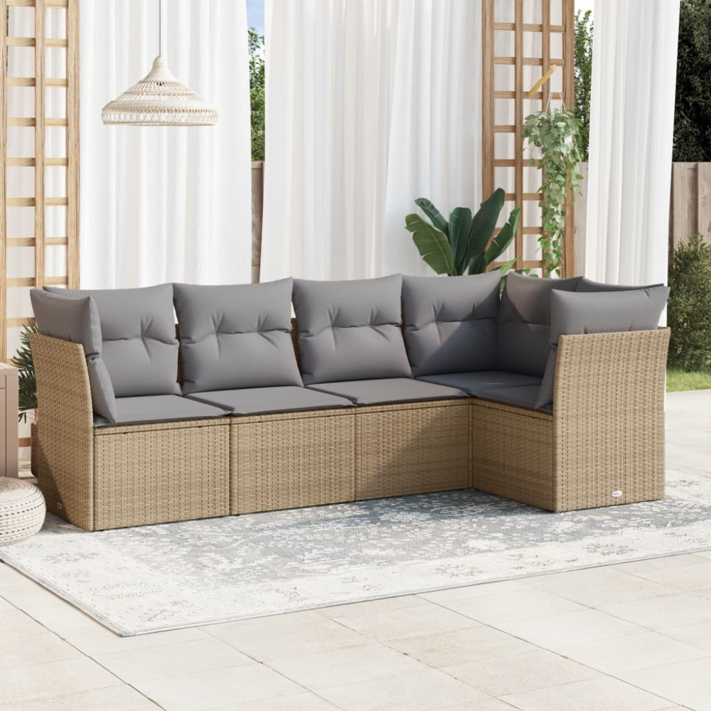 Produktbild för Soffgrupp för trädgården med dynor 5 delar beige konstrotting