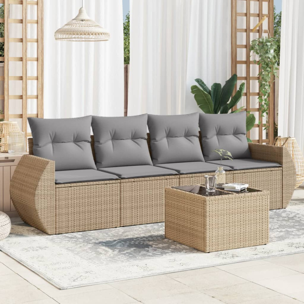 Produktbild för Soffgrupp för trädgården med dynor 5 delar beige konstrotting