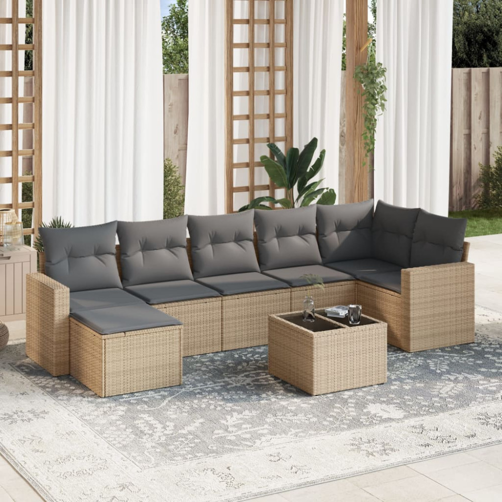 Produktbild för Matgrupp för trädgården med dynor 8 delar beige konstrotting