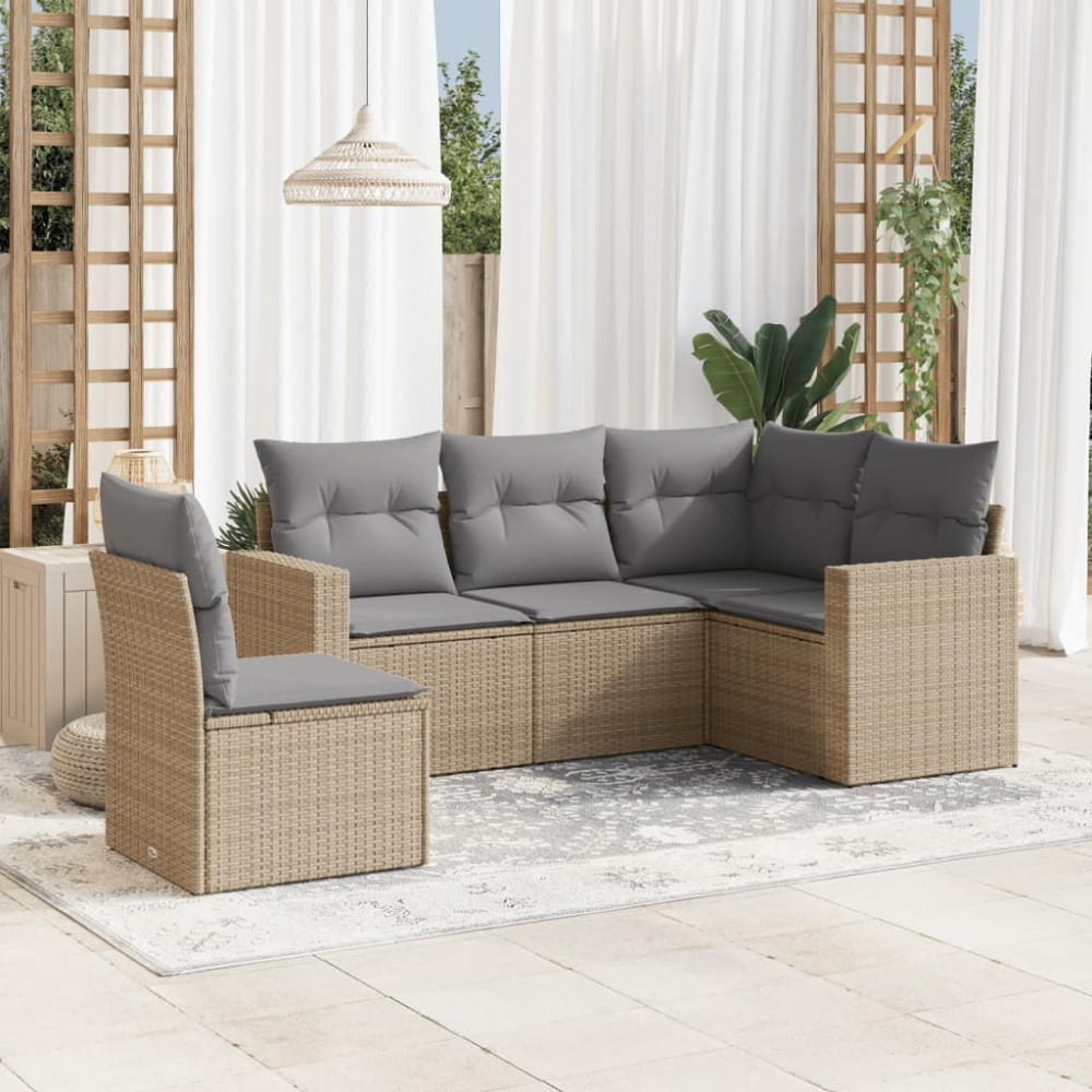 Produktbild för Soffgrupp för trädgården med dynor 5 delar beige konstrotting
