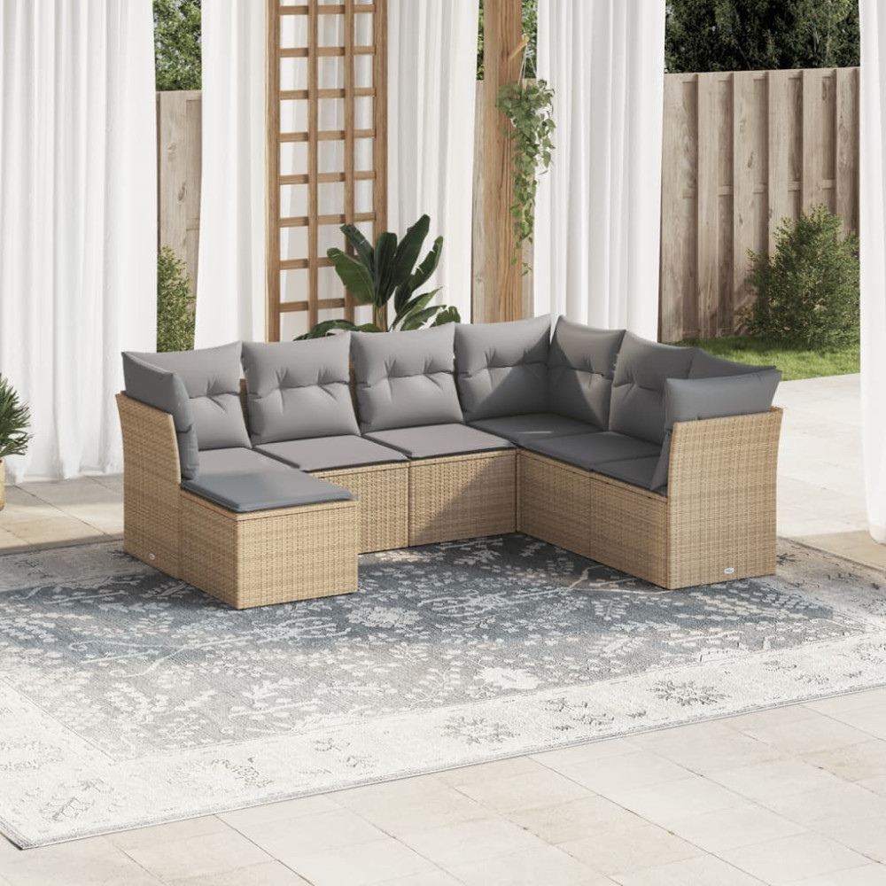 Produktbild för Matgrupp för trädgården med dynor 7 delar beige konstrotting