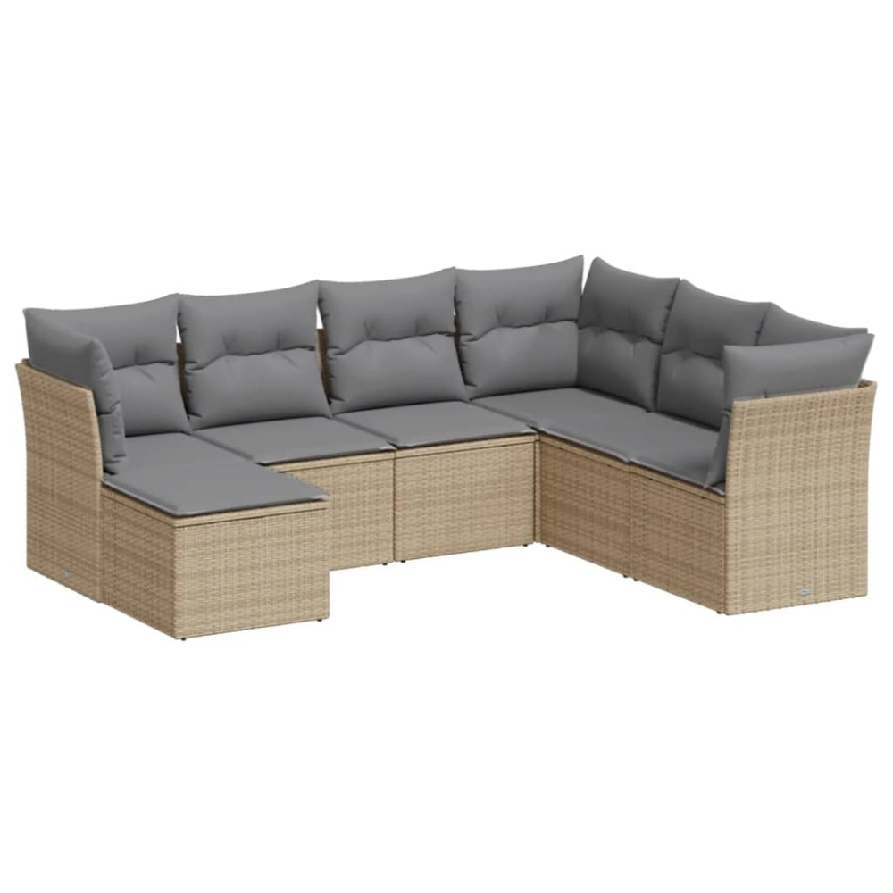 Produktbild för Matgrupp för trädgården med dynor 7 delar beige konstrotting