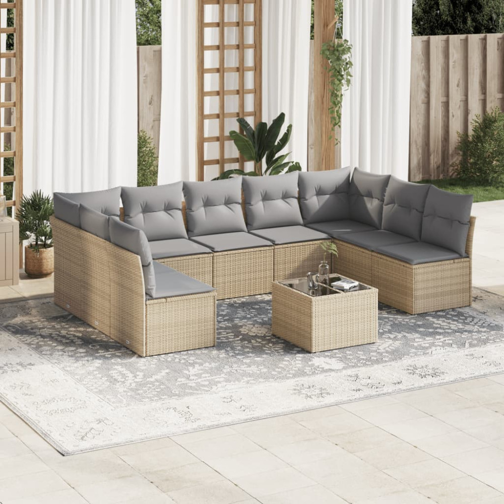 Produktbild för Soffgrupp för trädgård med dynor 10 delar beige konstrotting