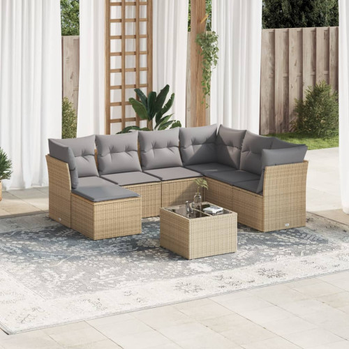 vidaXL Matgrupp för trädgården med dynor 8 delar beige konstrotting