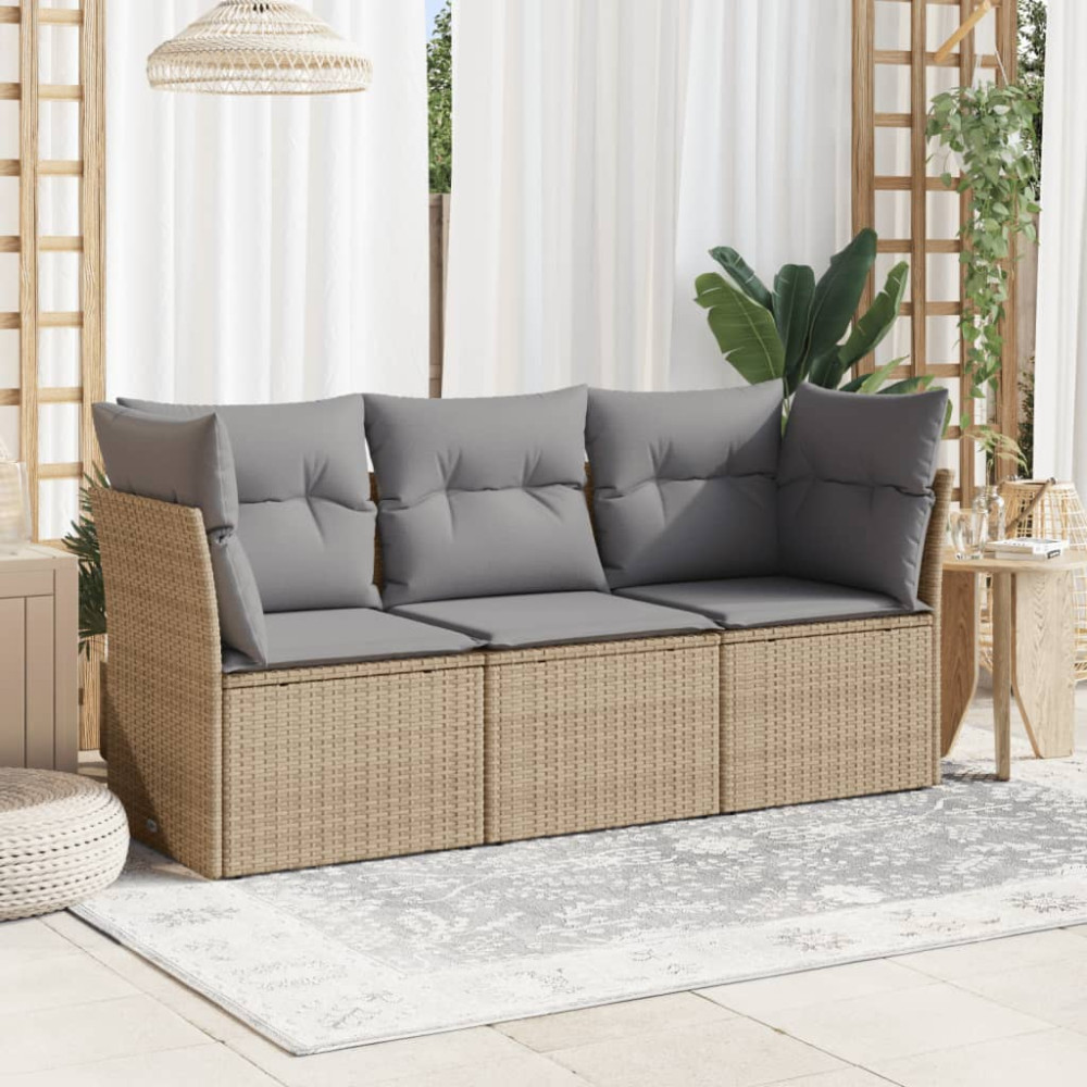 Produktbild för Soffgrupp för trädgården 3 delar med dynor beige konstrotting