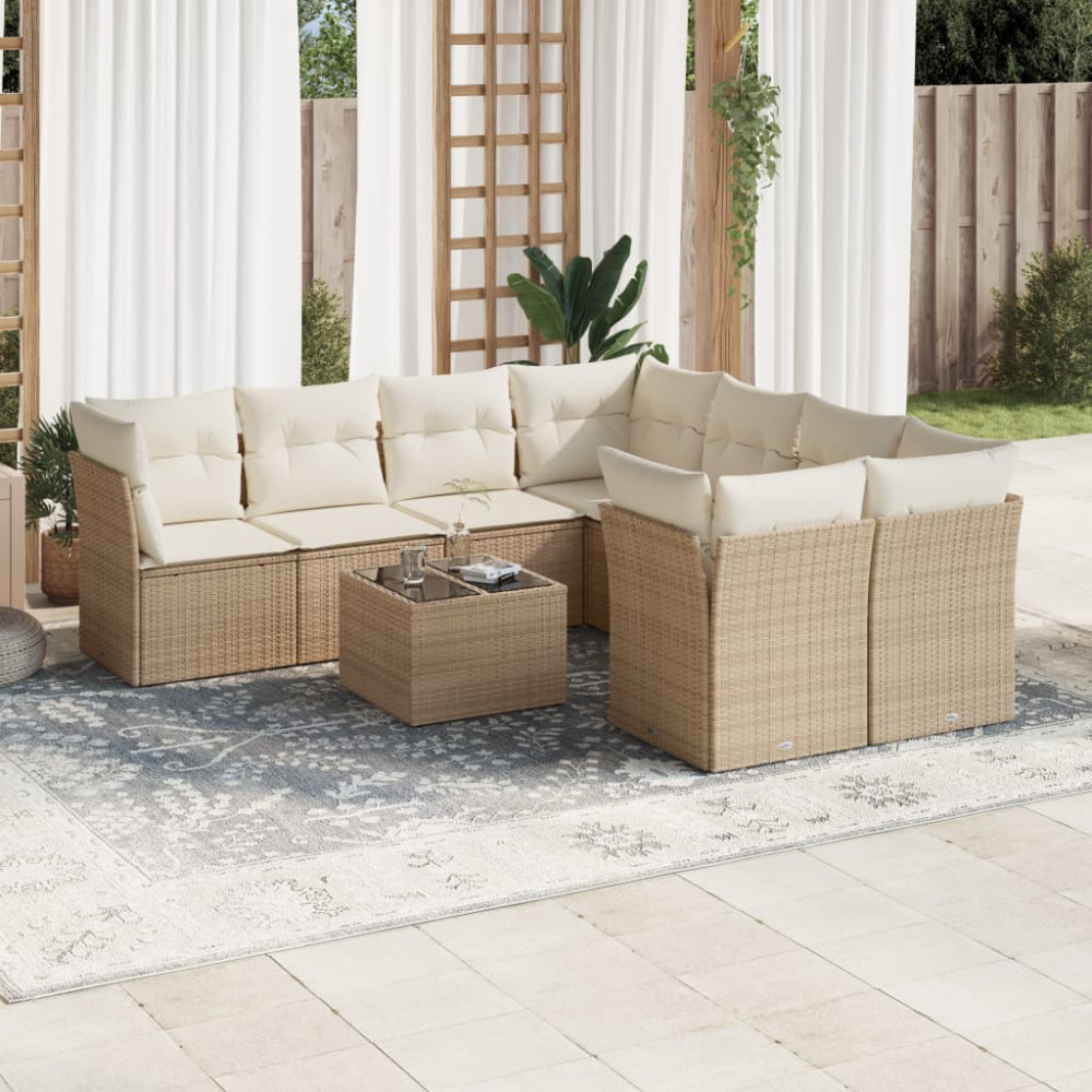 Produktbild för Soffgrupp för trädgården med dynor 9 delar beige konstrotting