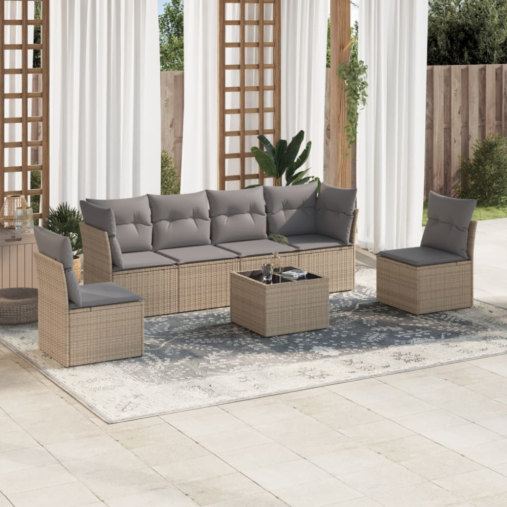 Produktbild för Matgrupp för trädgården med dynor 7 delar beige konstrotting