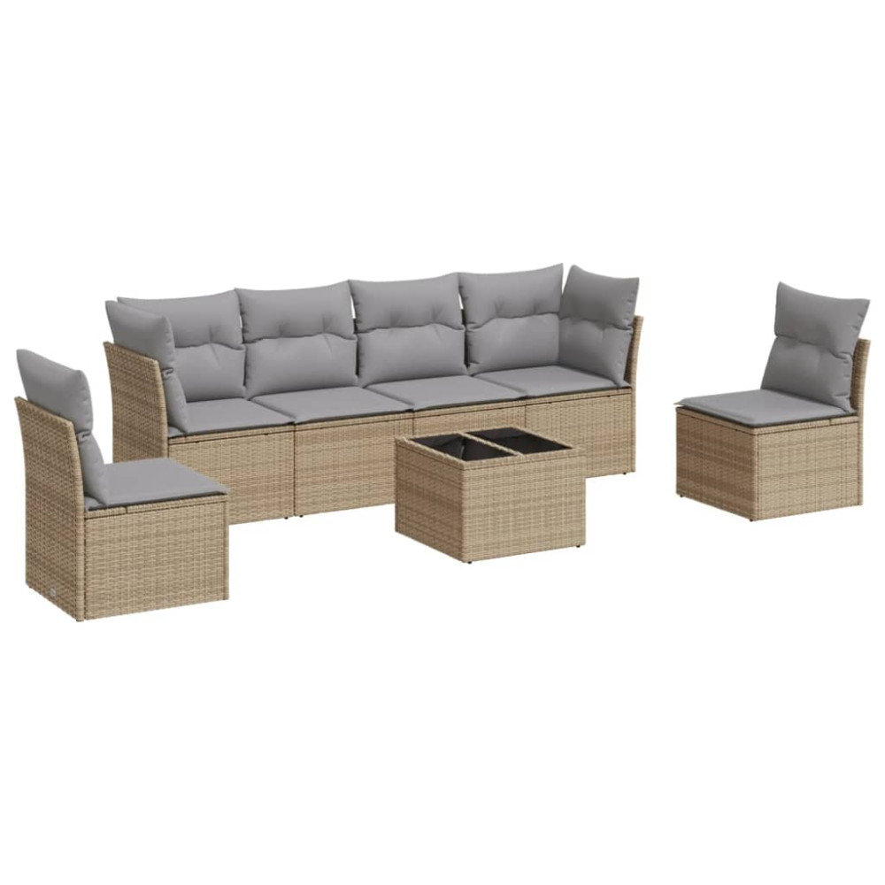 Produktbild för Matgrupp för trädgården med dynor 7 delar beige konstrotting