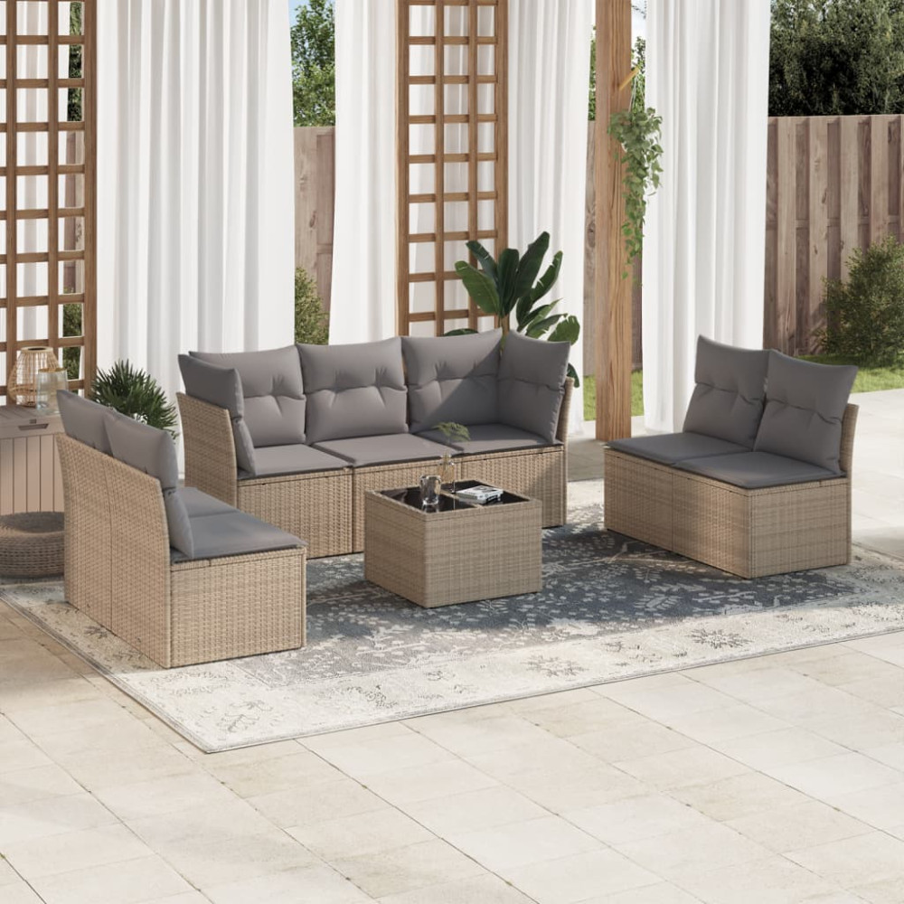 Produktbild för Matgrupp för trädgården med dynor 8 delar beige konstrotting