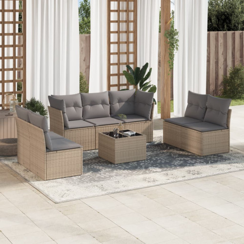 vidaXL Matgrupp för trädgården med dynor 8 delar beige konstrotting