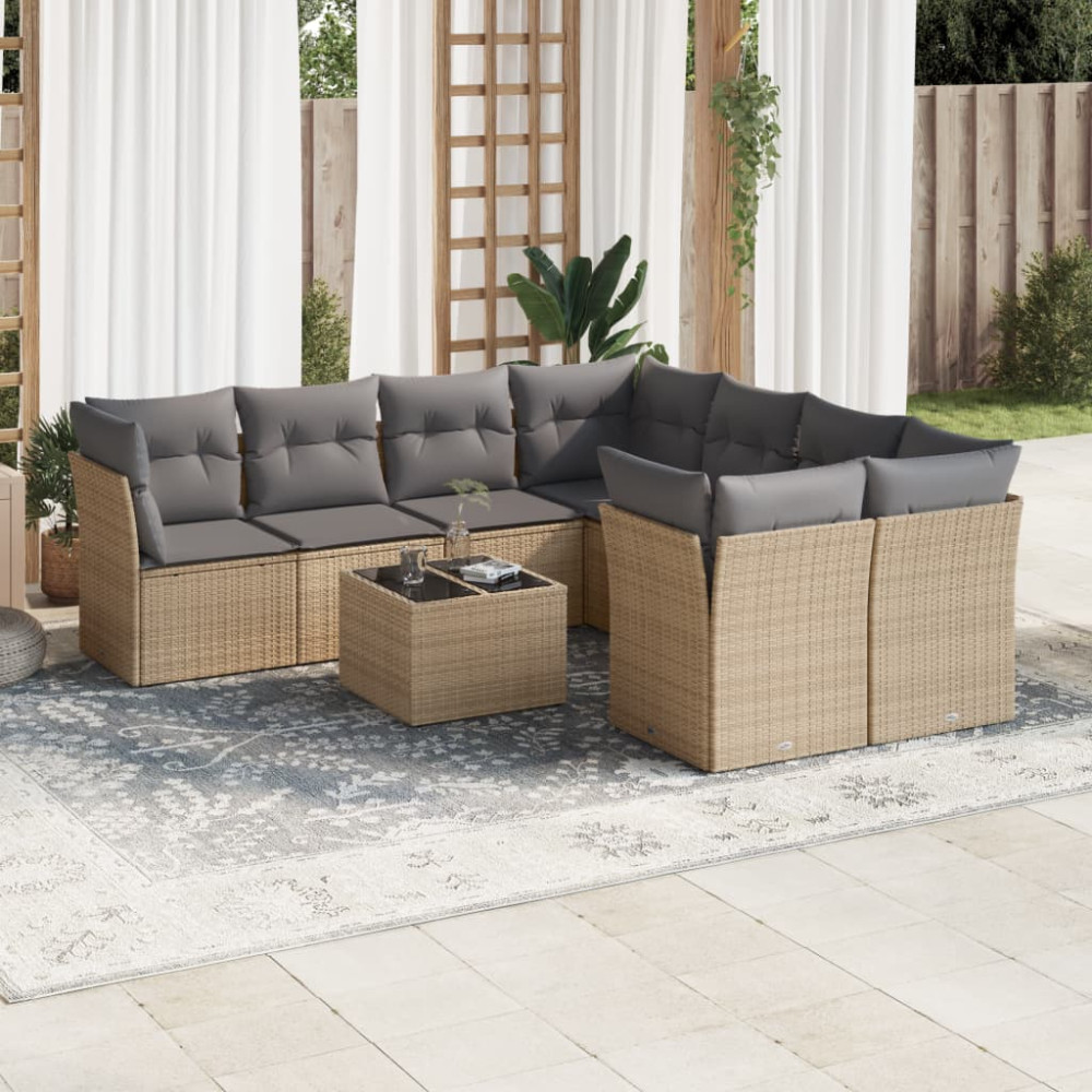 Produktbild för Soffgrupp för trädgården med dynor 9 delar beige konstrotting