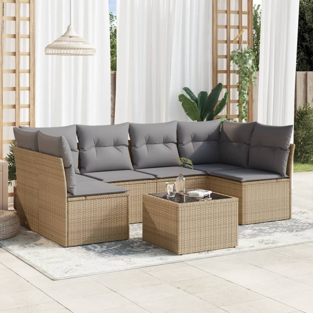 Produktbild för Matgrupp för trädgården med dynor 7 delar beige konstrotting