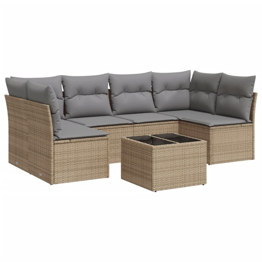 Produktbild för Matgrupp för trädgården med dynor 7 delar beige konstrotting