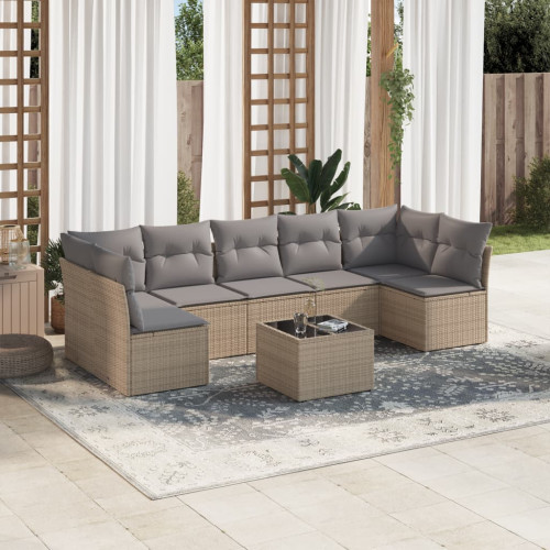 vidaXL Matgrupp för trädgården med dynor 8 delar beige konstrotting