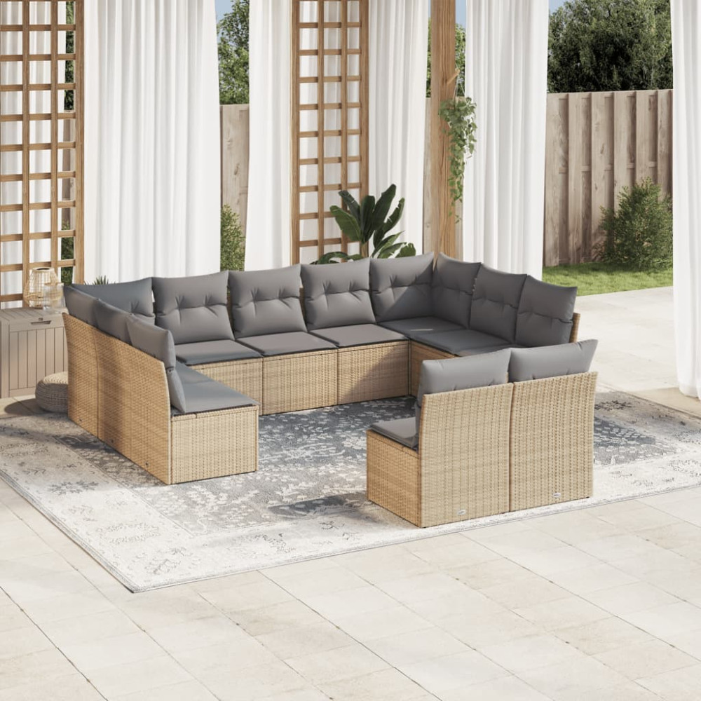 Produktbild för Loungegrupp för trädgården m. dynor 11 delar beige konstrotting