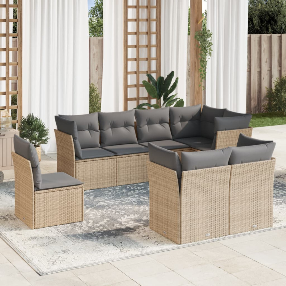 Produktbild för Matgrupp för trädgården med dynor 8 delar beige konstrotting
