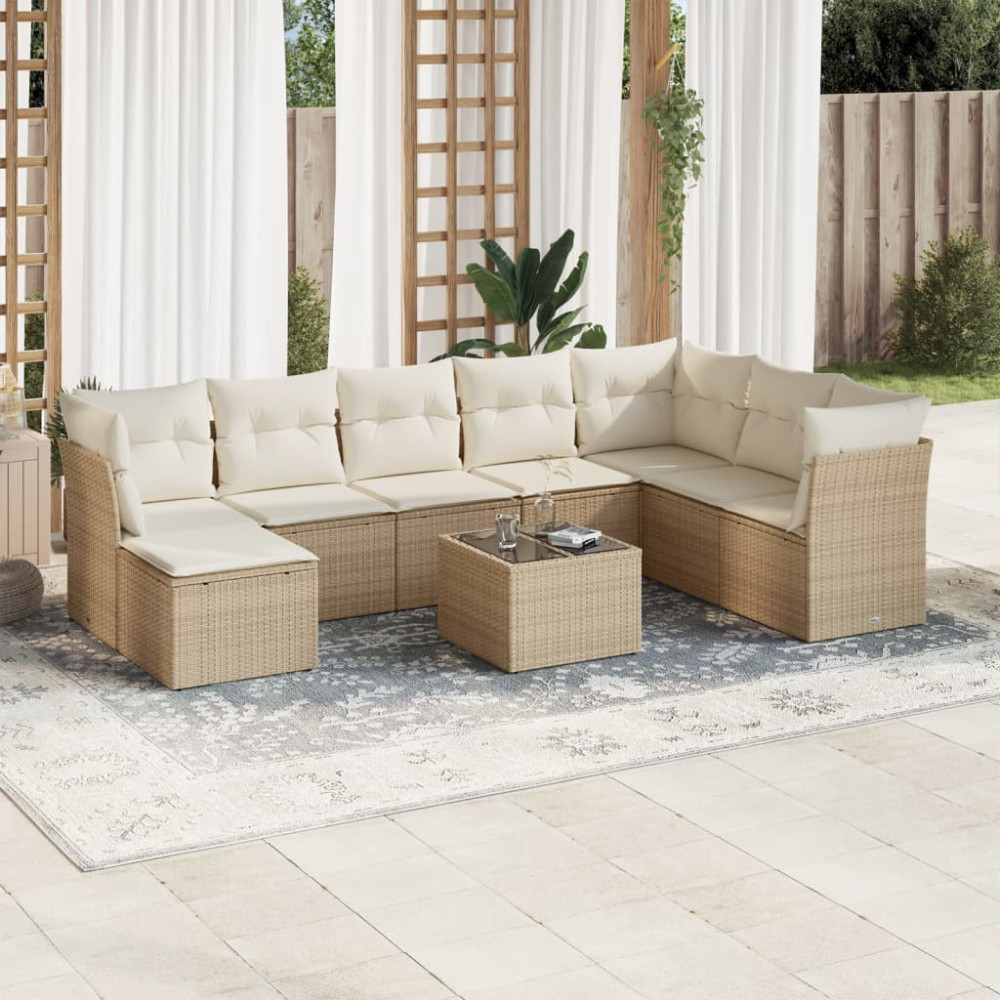 Produktbild för Soffgrupp för trädgården med dynor 9 delar beige konstrotting