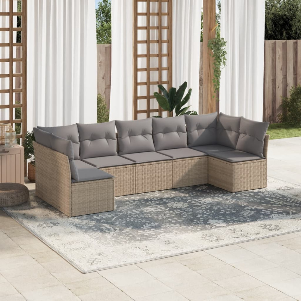 Produktbild för Matgrupp för trädgården med dynor 7 delar beige konstrotting