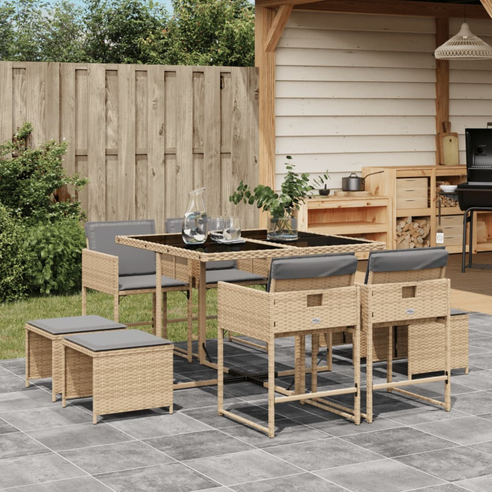 Produktbild för Matgrupp för trädgården med dynor 9 delar mixbeige konstrotting