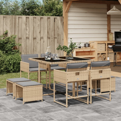 vidaXL Matgrupp för trädgården med dynor 9 delar mixbeige konstrotting