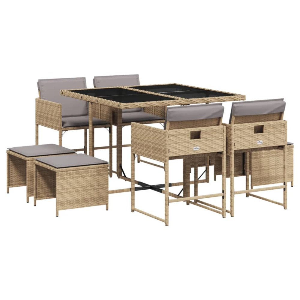 Produktbild för Matgrupp för trädgården med dynor 9 delar mixbeige konstrotting