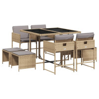 Produktbild för Matgrupp för trädgården med dynor 9 delar mixbeige konstrotting