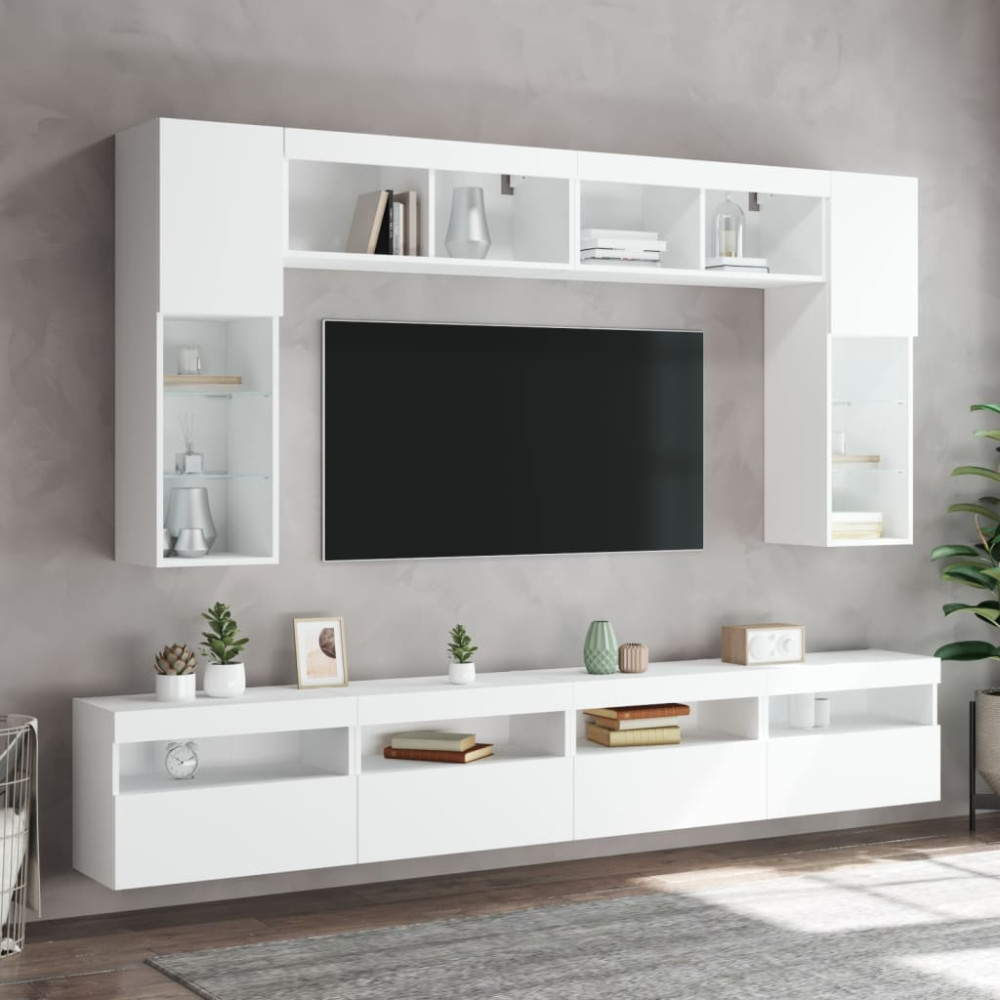 Produktbild för Väggmonterade tv-skåp 8 delar med LEDs vit