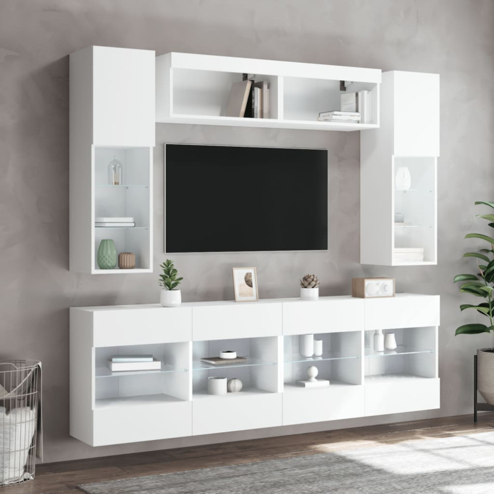 Produktbild för Väggmonterade tv-skåp 6 delar med LEDs vit