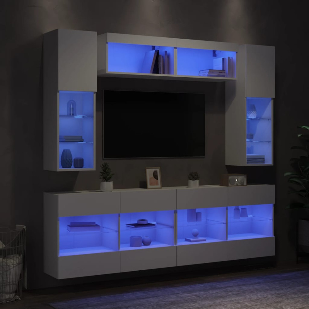 Produktbild för Väggmonterade tv-skåp 6 delar med LEDs vit