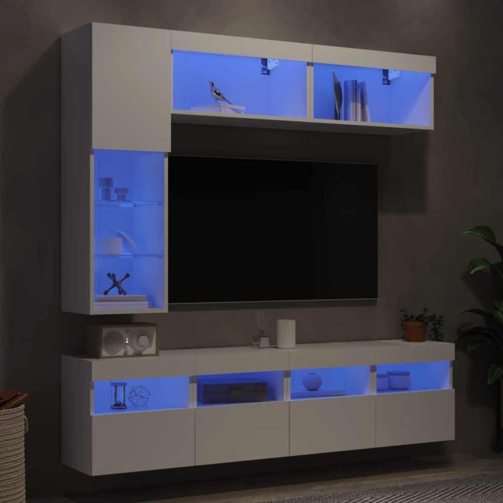 Produktbild för Väggmonterade tv-skåp 7 delar med LEDs vit