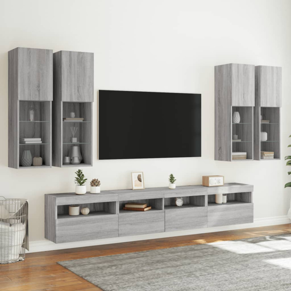 Produktbild för Väggmonterade tv-skåp 7 delar med LEDs grå sonoma