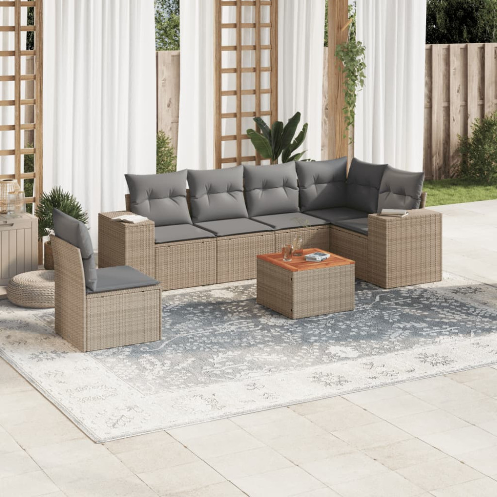 Produktbild för Matgrupp för trädgården med dynor 7 delar beige konstrotting