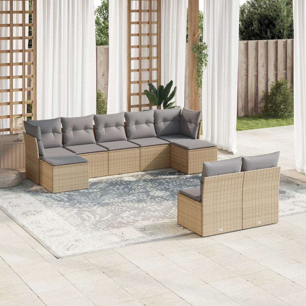Produktbild för Soffgrupp för trädgården med dynor 9 delar beige konstrotting