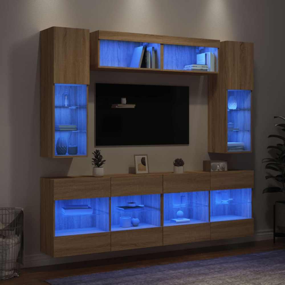 Produktbild för Väggmonterade tv-skåp 6 delar med LEDs sonoma-ek