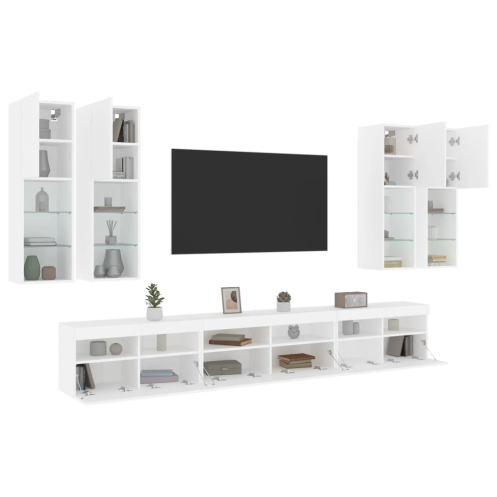 Produktbild för Väggmonterade tv-skåp 7 delar med LEDs vit