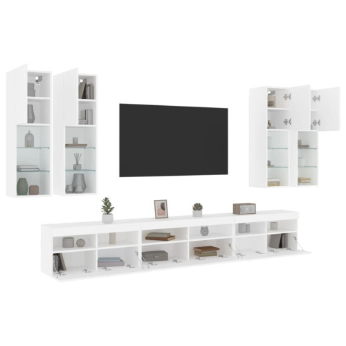 vidaXL Väggmonterade tv-skåp 7 delar med LEDs vit