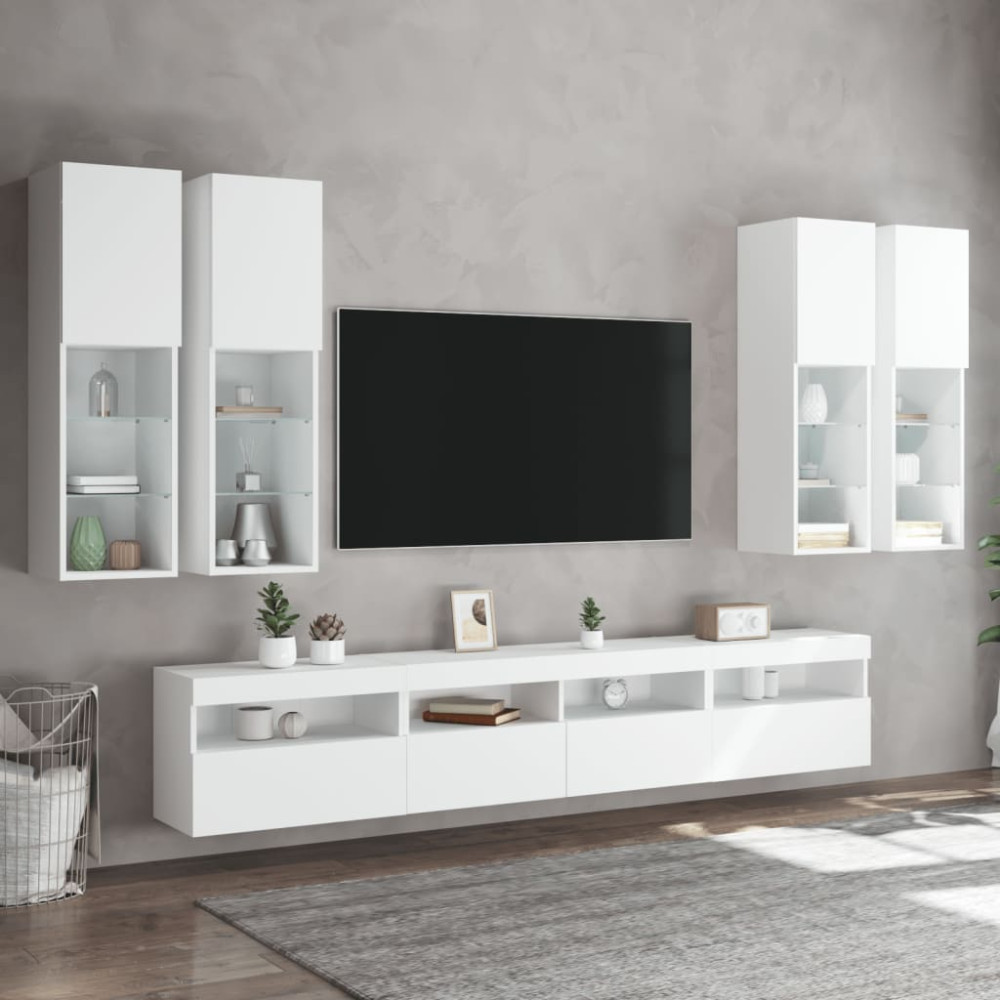 Produktbild för Väggmonterade tv-skåp 7 delar med LEDs vit
