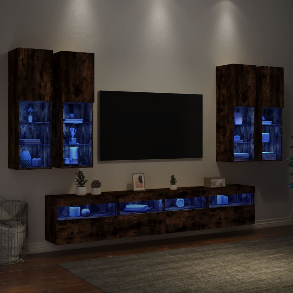 Produktbild för Väggmonterade tv-skåp 7 delar med LEDs rökfärgad ek