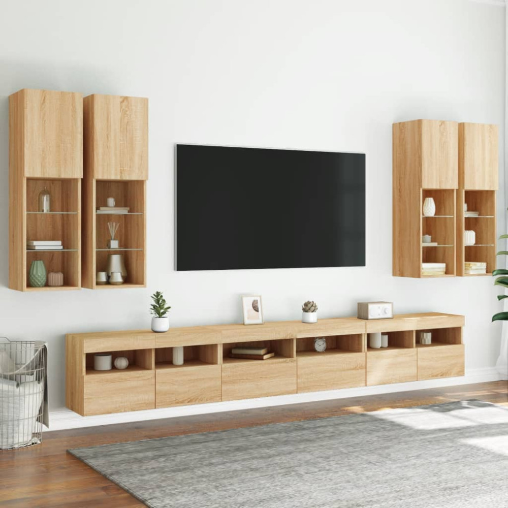 Produktbild för Väggmonterade tv-skåp 7 delar med LEDs sonoma-ek
