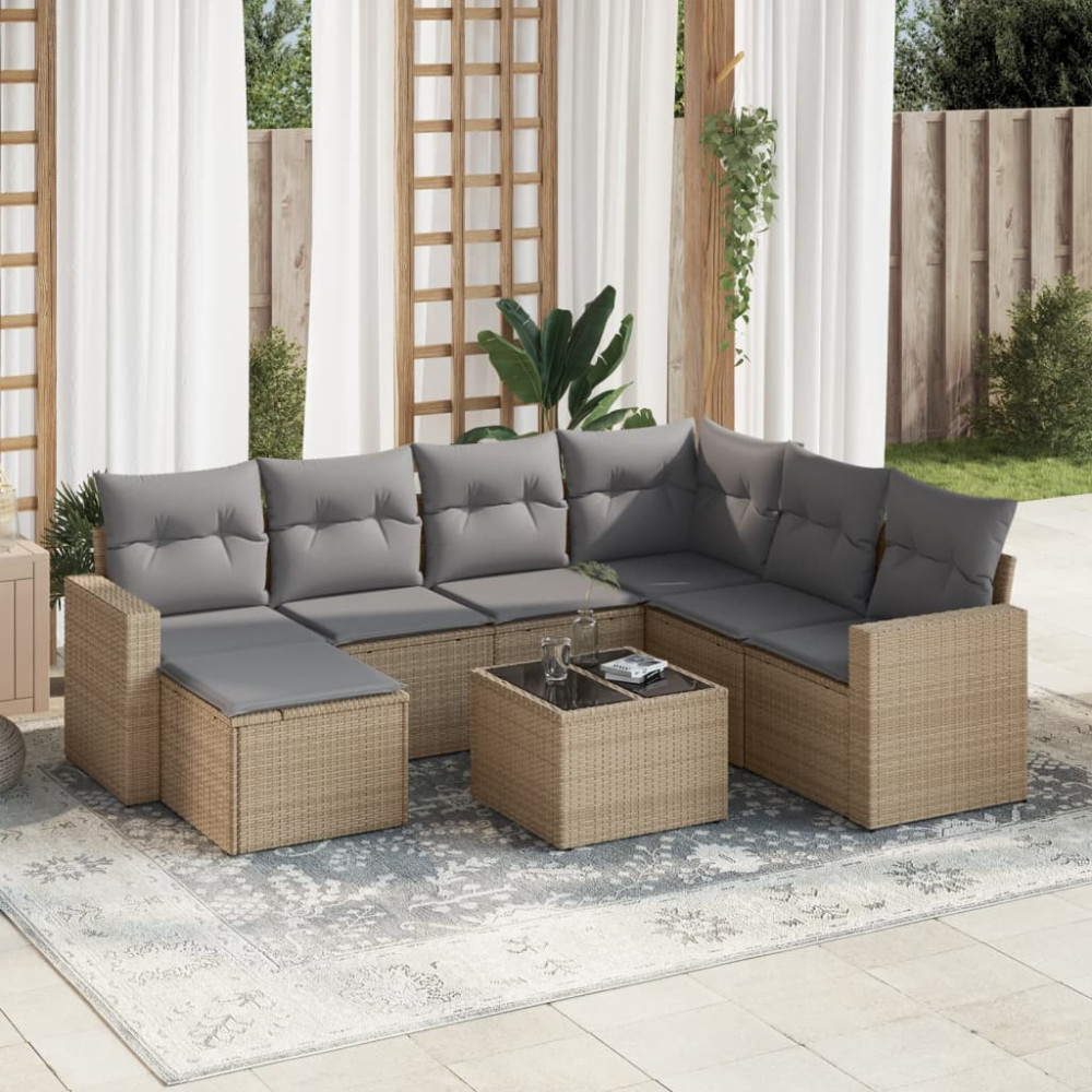 Produktbild för Matgrupp för trädgården med dynor 8 delar beige konstrotting