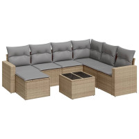 Produktbild för Matgrupp för trädgården med dynor 8 delar beige konstrotting