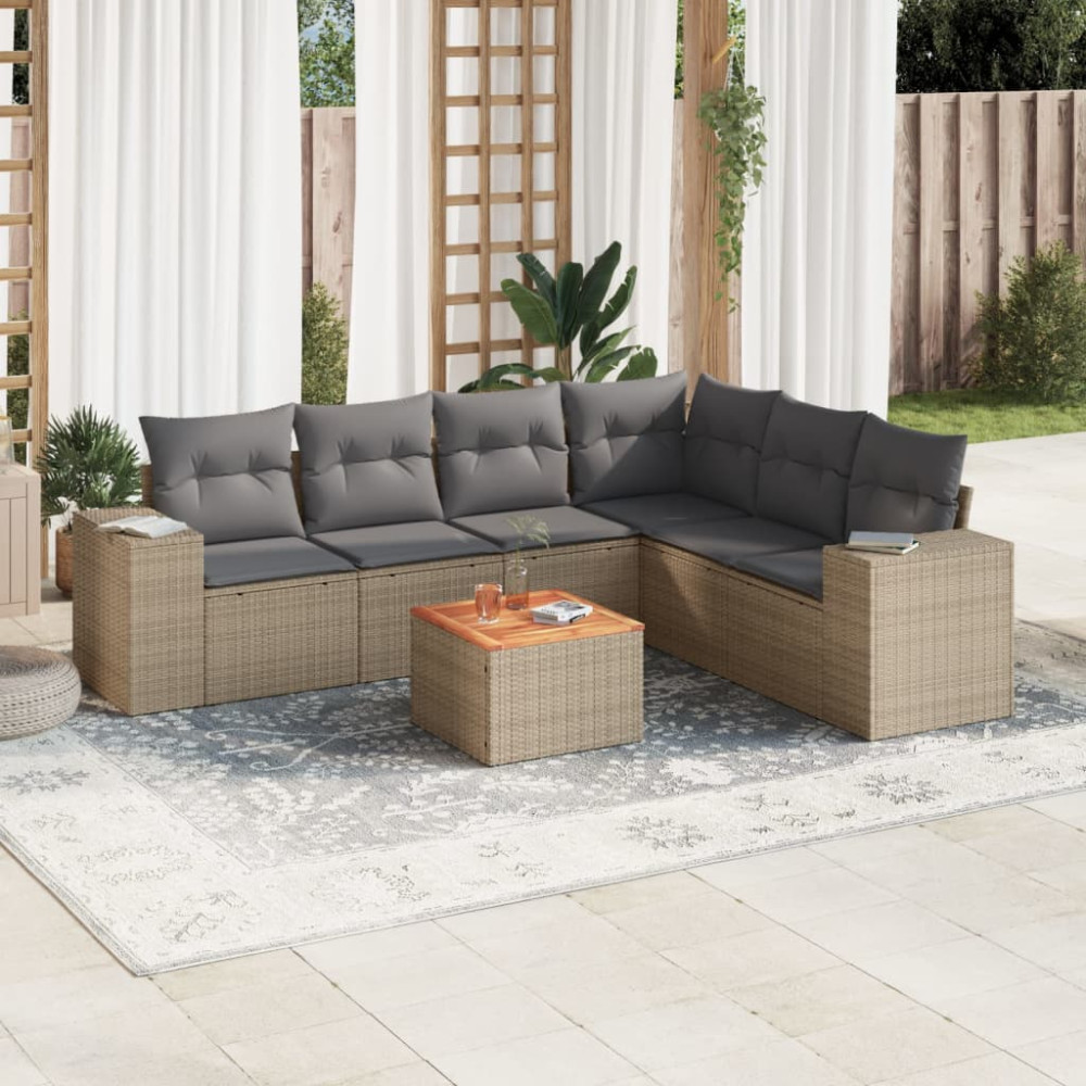 Produktbild för Matgrupp för trädgården med dynor 7 delar beige konstrotting