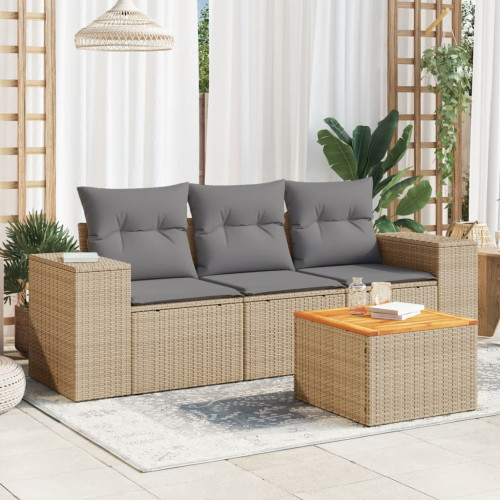 vidaXL Soffgrupp för trädgård med dynor 4 delar beige konstrotting