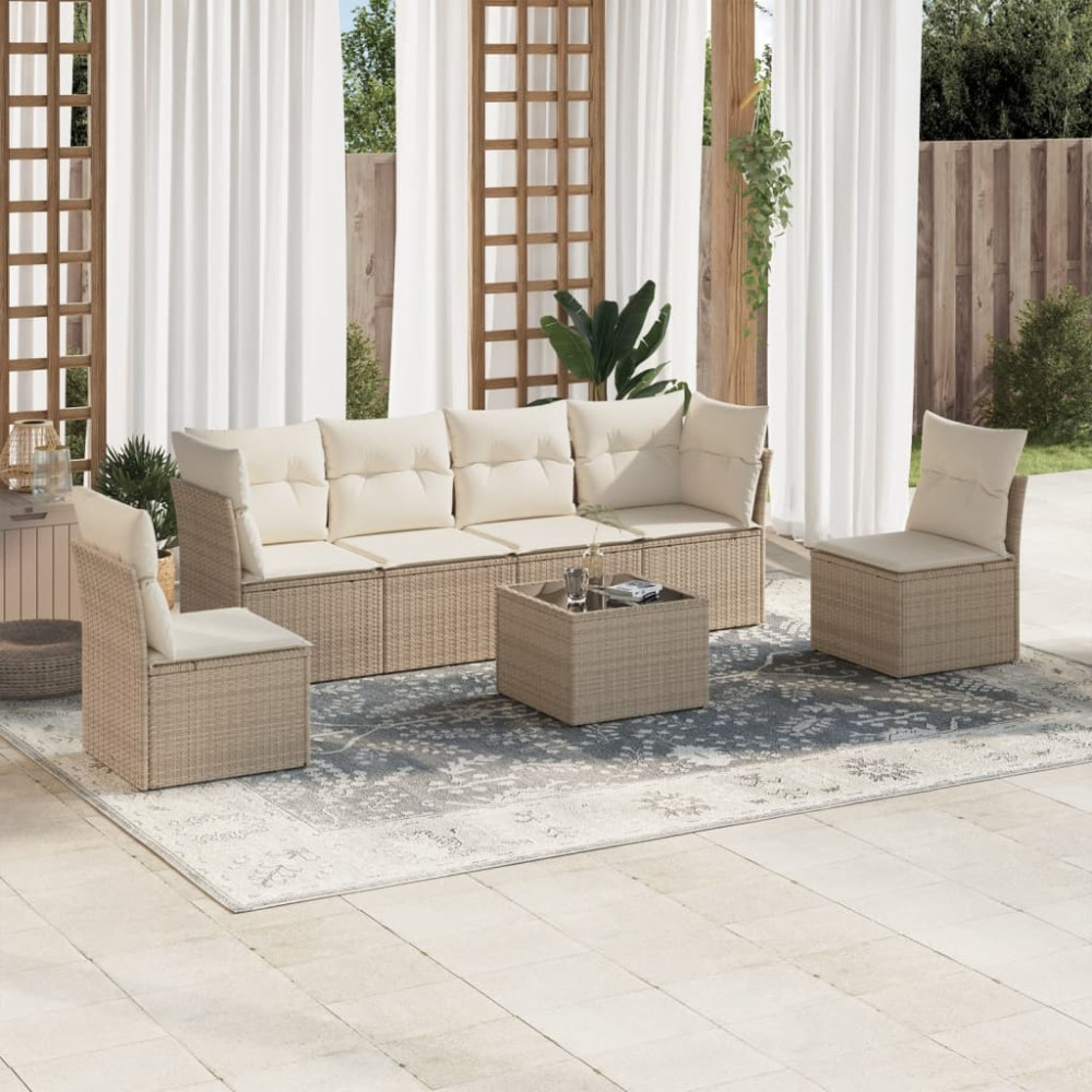 Produktbild för Matgrupp för trädgården med dynor 7 delar beige konstrotting